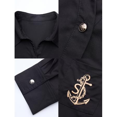 FA53516# 春季新款休闲黑色刺绣衬衫女长袖翻领气质百搭打底上衣