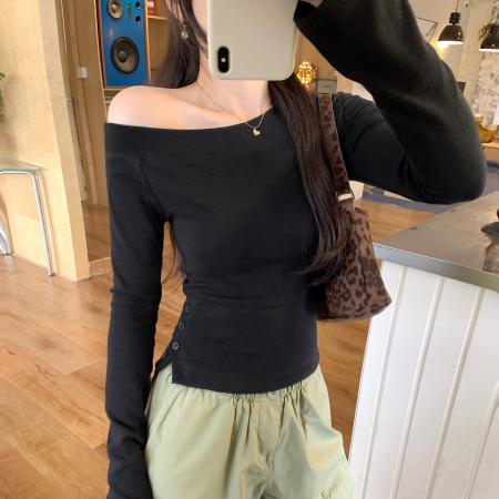 FA53519# 图高级感漂亮好看斜肩露肩长袖内搭打底衫女新款短款T恤