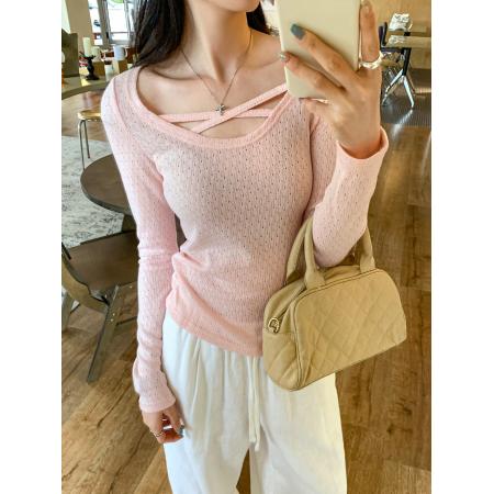 FA53520# 图交叉圆领镂空内搭打底针织衫女秋冬季新款高级感修身上衣