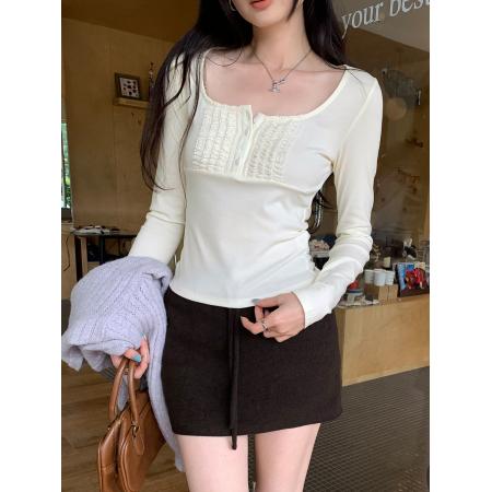 FA53521# 图蕾丝褶皱设计感方领内搭打底衫女秋冬新款纯欲性感上衣