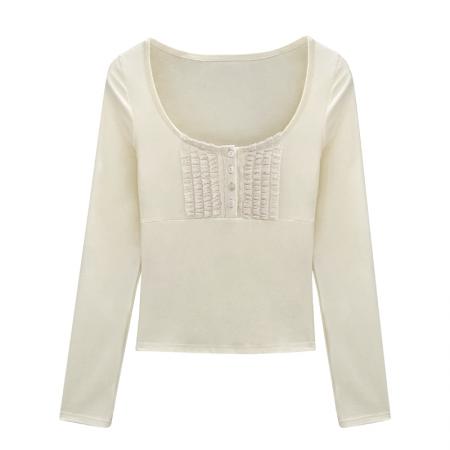 FA53521# 图蕾丝褶皱设计感方领内搭打底衫女秋冬新款纯欲性感上衣