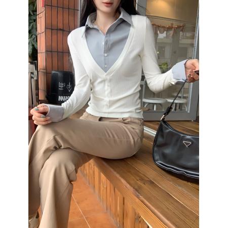 FA53522# 图撞色拼接假两件翻领打底衫女秋冬新款超好看内搭小上衣