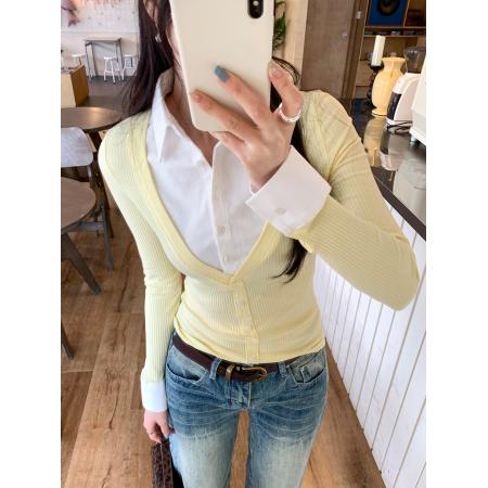 FA53522# 图撞色拼接假两件翻领打底衫女秋冬新款超好看内搭小上衣