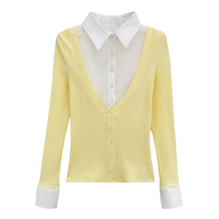 FA53522# 图撞色拼接假两件翻领打底衫女秋冬新款超好看内搭小上衣