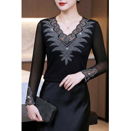 FA53524# 春季新款长袖v领上衣优雅花边拼接烫钻网纱收腰上衣