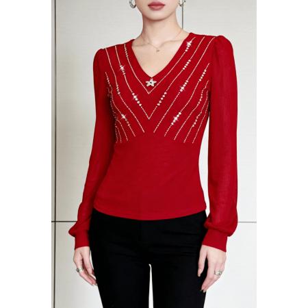 FA53525# 春季新款长袖v领烫钻收腰洋气上衣