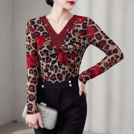 FA53526# 春季新款v领长袖上衣网纱花卉印花优雅气质收腰显瘦上衣