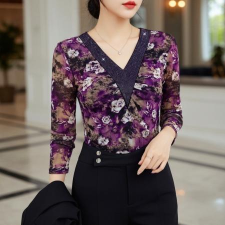 FA53526# 春季新款v领长袖上衣网纱花卉印花优雅气质收腰显瘦上衣