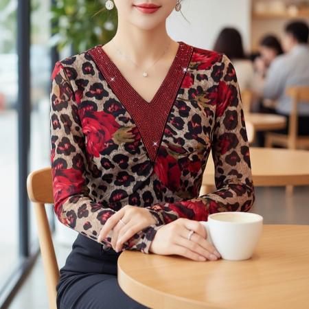 FA53526# 春季新款v领长袖上衣网纱花卉印花优雅气质收腰显瘦上衣
