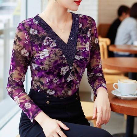 FA53526# 春季新款v领长袖上衣网纱花卉印花优雅气质收腰显瘦上衣