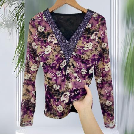 FA53526# 春季新款v领长袖上衣网纱花卉印花优雅气质收腰显瘦上衣