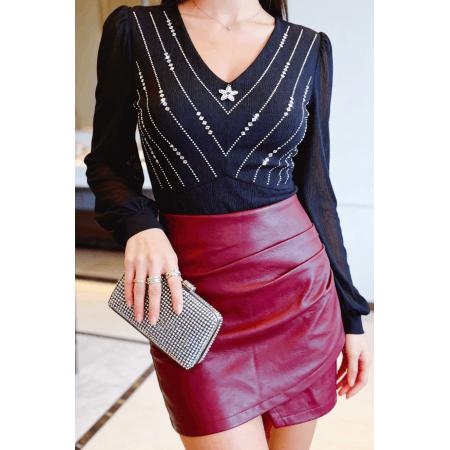 FA53527# 春季新款长袖v领烫钻收腰洋气上衣