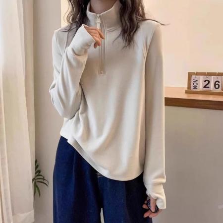 FA53528# 螺纹德绒春秋季新款韩版长袖T恤女设计感