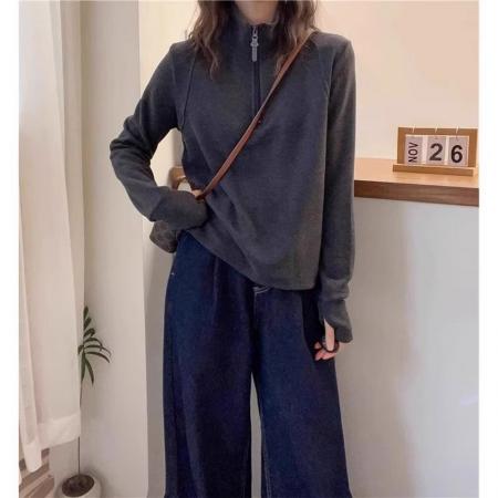 FA53528# 螺纹德绒春秋季新款韩版长袖T恤女设计感