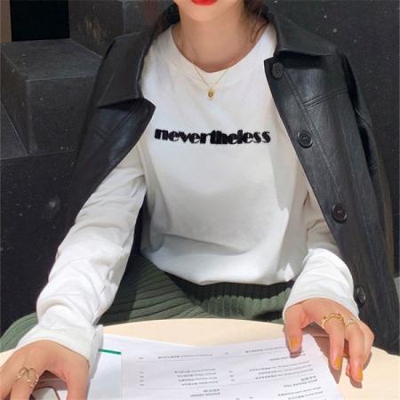 FA53529# 德绒面料绣花牙刷绣磨毛打底衫女长袖T恤