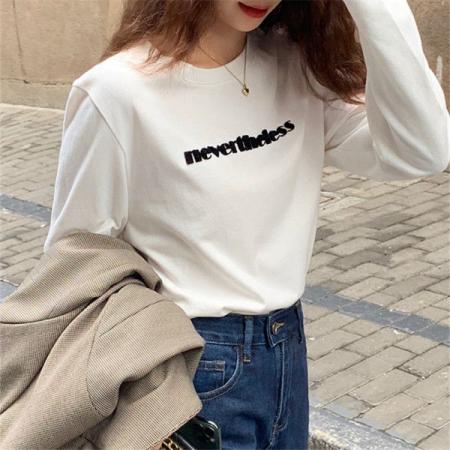 FA53529# 德绒面料绣花牙刷绣磨毛打底衫女长袖T恤