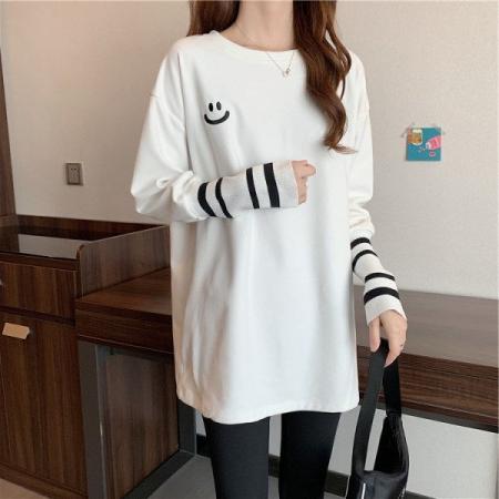 FA53531# 德绒面料保暖刺绣长袖T恤女中长款上衣打底衫