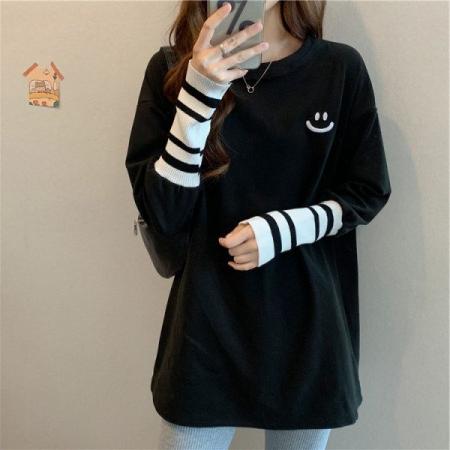 FA53531# 德绒面料保暖刺绣长袖T恤女中长款上衣打底衫