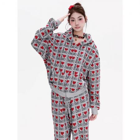 FA53532# 美式复古爱心字母满印连帽卫衣套装