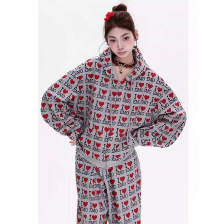 FA53532# 美式复古爱心字母满印连帽卫衣套装
