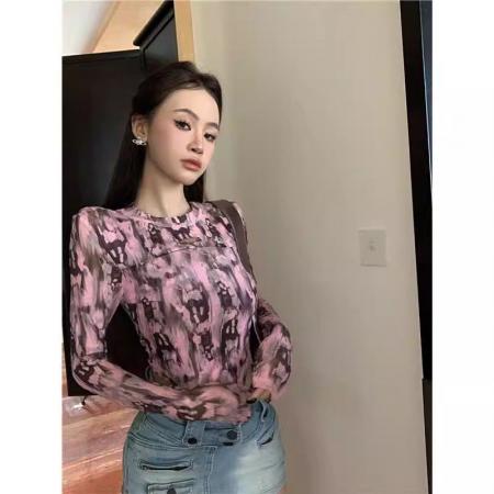 FA53533# 小众辣妹镂空打底衫内搭扎染美式上衣