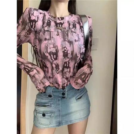 FA53533# 小众辣妹镂空打底衫内搭扎染美式上衣