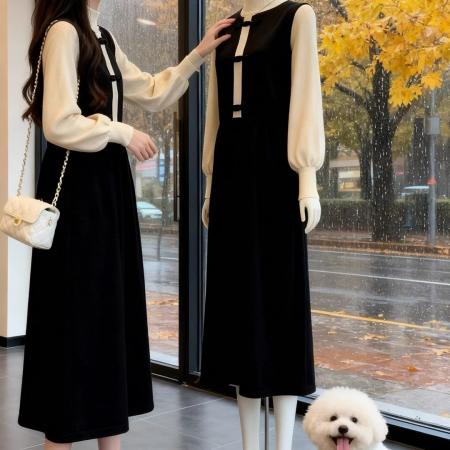 FA53535# 小香风复古高级感假两件连衣裙秋冬新款蝴蝶结半高领减龄毛衣裙子