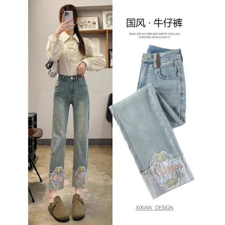 FA53538# 新中式国风牛仔裤女春秋新款高腰显瘦刺绣直筒烟管裤小个子