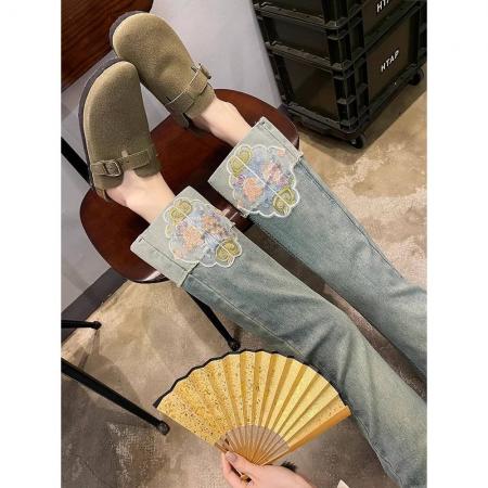 FA53538# 新中式国风牛仔裤女春秋新款高腰显瘦刺绣直筒烟管裤小个子
