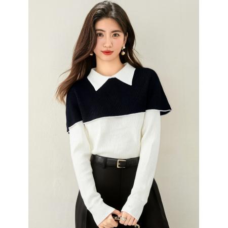 FA53543# 黑白撞色假两件polo领修身显瘦针织衫女新款秋冬小香风上衣