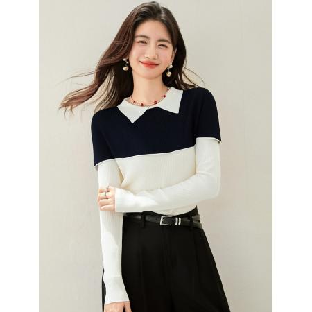 FA53543# 黑白撞色假两件polo领修身显瘦针织衫女新款秋冬小香风上衣