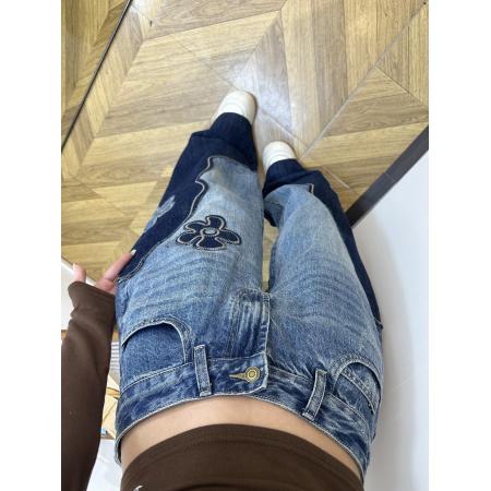 FA53544# 复古贴布花朵高腰阔腿牛仔裤裤子女款冬季新款设计感拖地长裤