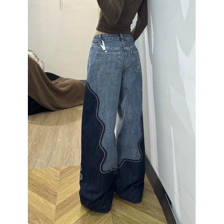 FA53544# 复古贴布花朵高腰阔腿牛仔裤裤子女款冬季新款设计感拖地长裤