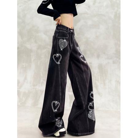 FA53545# 闪亮烫钻装饰休闲牛仔裤女秋新款高腰宽松显瘦百搭直筒阔腿拖地裤