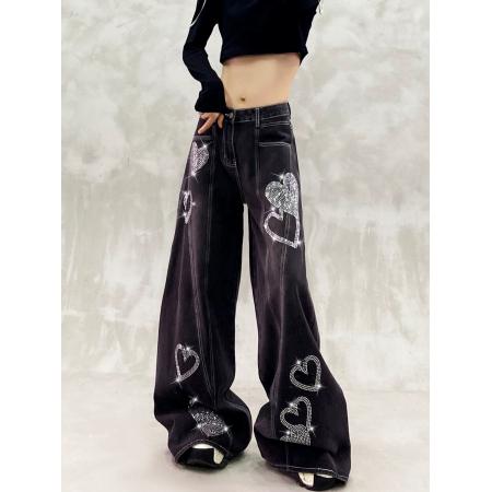 FA53545# 闪亮烫钻装饰休闲牛仔裤女秋新款高腰宽松显瘦百搭直筒阔腿拖地裤