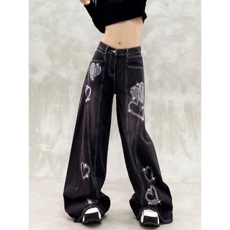 FA53545# 闪亮烫钻装饰休闲牛仔裤女秋新款高腰宽松显瘦百搭直筒阔腿拖地裤