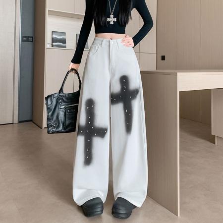 FA53546# 美式复古十字架泼墨喷漆牛仔裤子女辣妹宽松拖地弯刀裤