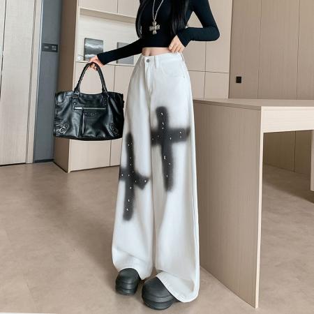 FA53546# 美式复古十字架泼墨喷漆牛仔裤子女辣妹宽松拖地弯刀裤