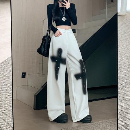 FA53546# 美式复古十字架泼墨喷漆牛仔裤子女辣妹宽松拖地弯刀裤