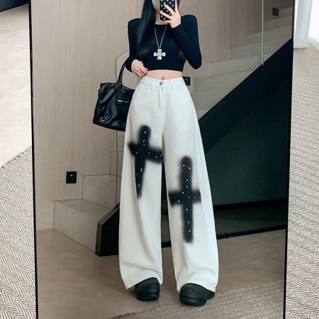 FA53546# 美式复古十字架泼墨喷漆牛仔裤子女辣妹宽松拖地弯刀裤