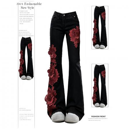 FA53547# 美式复古黑色微喇牛仔裤女秋冬新款设计感玫瑰拼接y2k辣妹长裤子