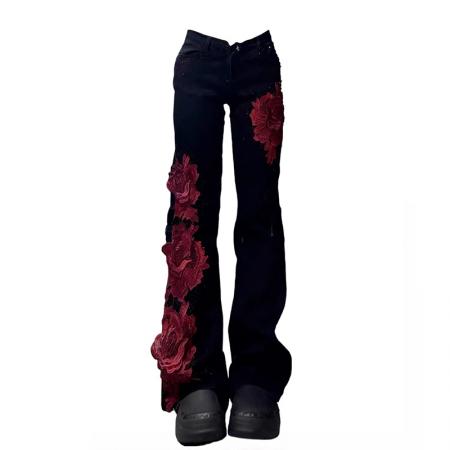 FA53547# 美式复古黑色微喇牛仔裤女秋冬新款设计感玫瑰拼接y2k辣妹长裤子