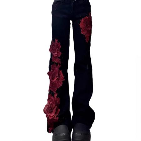 FA53547# 美式复古黑色微喇牛仔裤女秋冬新款设计感玫瑰拼接y2k辣妹长裤子