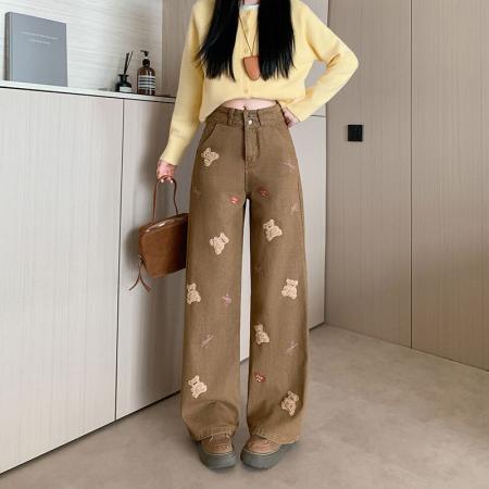 FA53548# 小熊刺绣牛仔裤女新款美式复古长裤宽松阔腿牛仔裤子潮