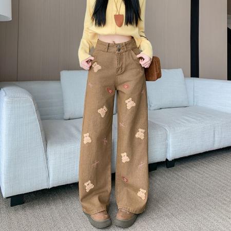 FA53548# 小熊刺绣牛仔裤女新款美式复古长裤宽松阔腿牛仔裤子潮