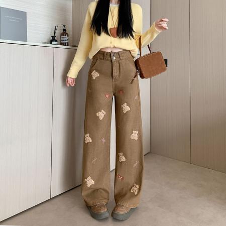 FA53548# 小熊刺绣牛仔裤女新款美式复古长裤宽松阔腿牛仔裤子潮
