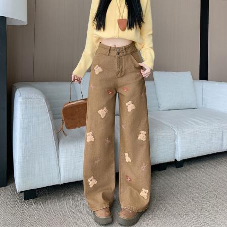 FA53548# 小熊刺绣牛仔裤女新款美式复古长裤宽松阔腿牛仔裤子潮