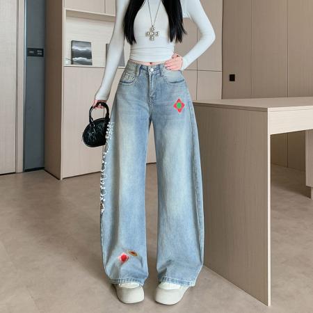 FA53549# 美式复古刺绣钉珠弯刀牛仔裤女设计感宽松显瘦阔腿裤子