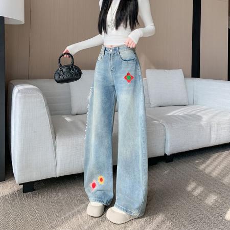 FA53549# 美式复古刺绣钉珠弯刀牛仔裤女设计感宽松显瘦阔腿裤子