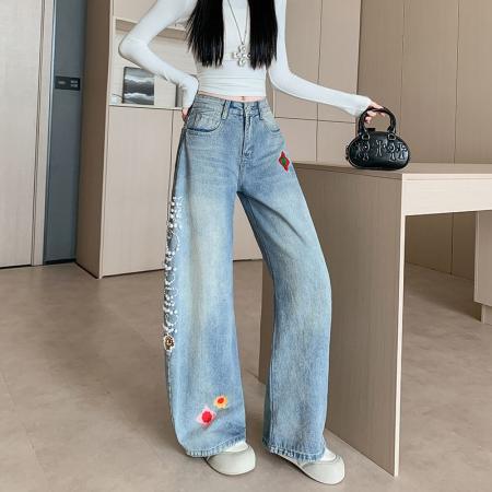 FA53549# 美式复古刺绣钉珠弯刀牛仔裤女设计感宽松显瘦阔腿裤子